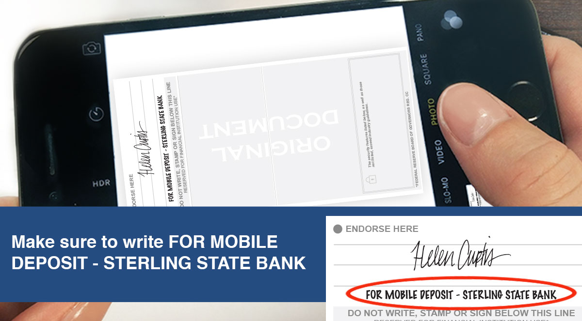 Sample check image with for mobile deposit written under the signature